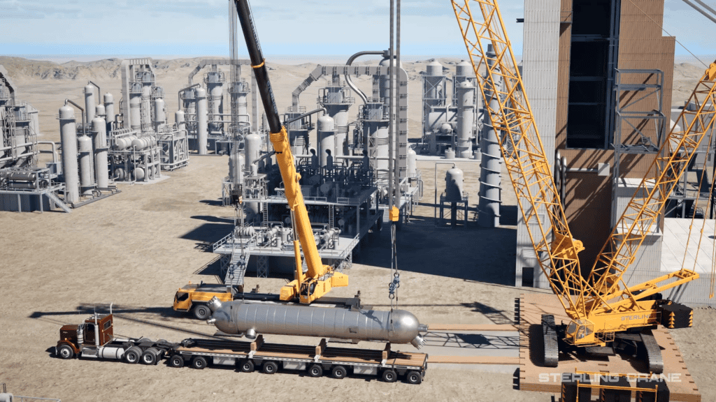 3D animation of a heavy-duty crane lifting a refinery reactor