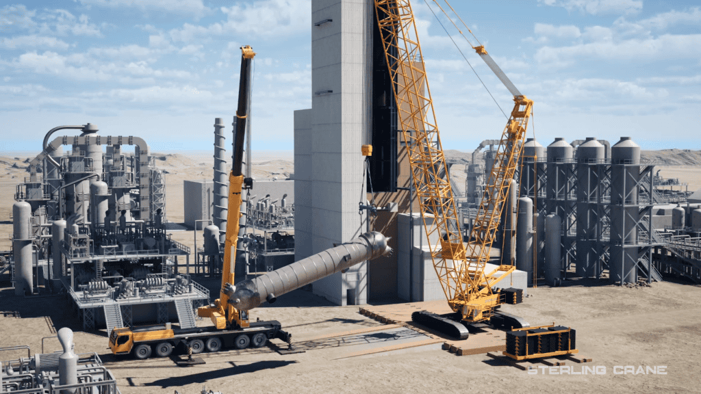 A heavy duty crane lifting a refinery reactor in 3D.