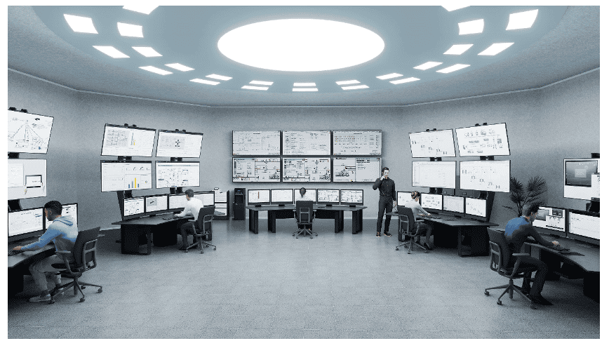 A control room of an industrial company in 3D graphics.