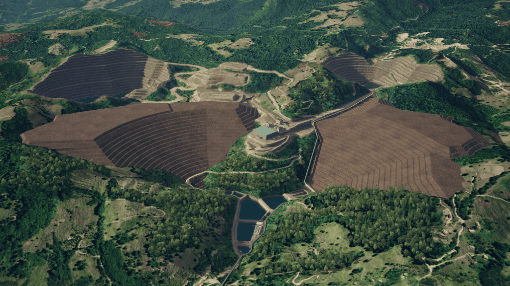 A 3d animation of an open pit mining operation.